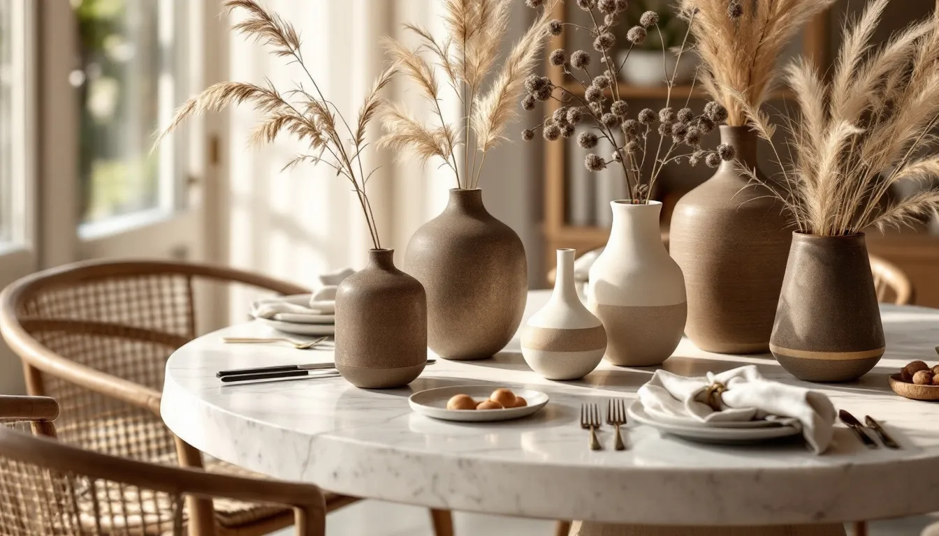 Detalle de mesa de comedor de travertino con cerámica