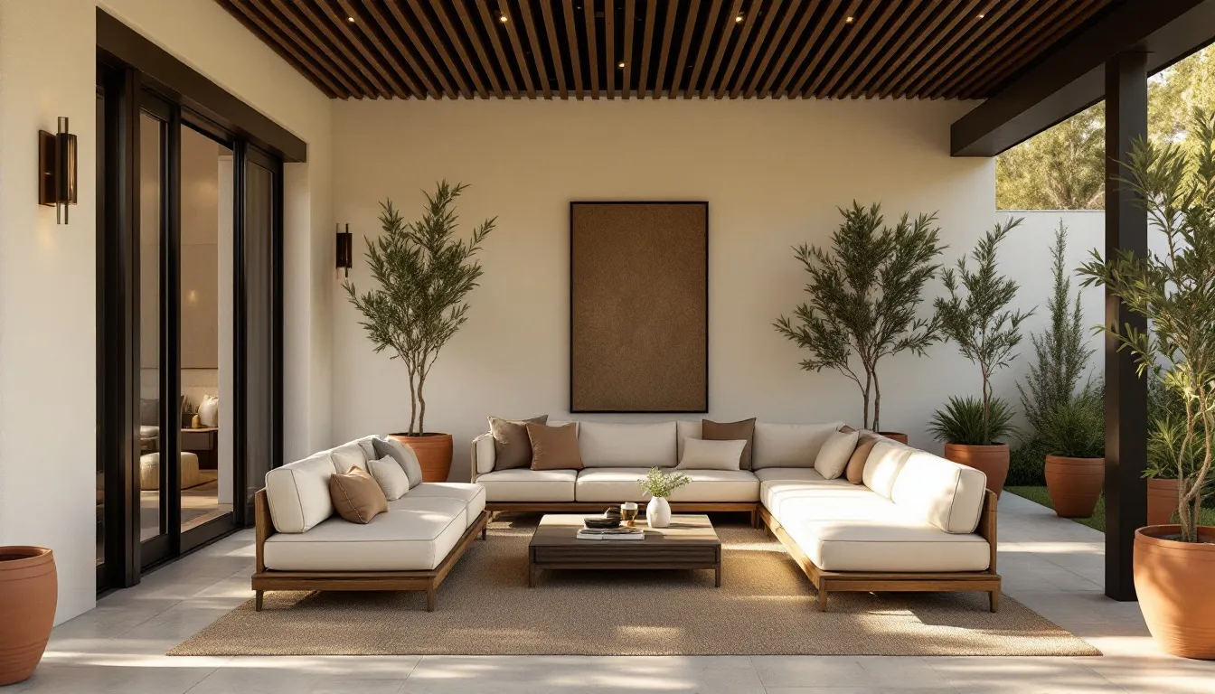 Terraza cubierta con sofás de exterior y olivos