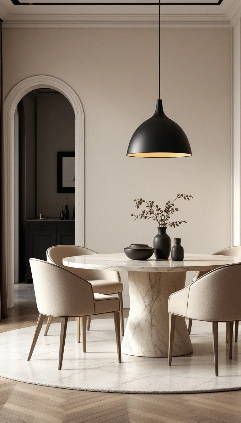 Comedor con mesa redonda de travertino y lámpara negra escultural