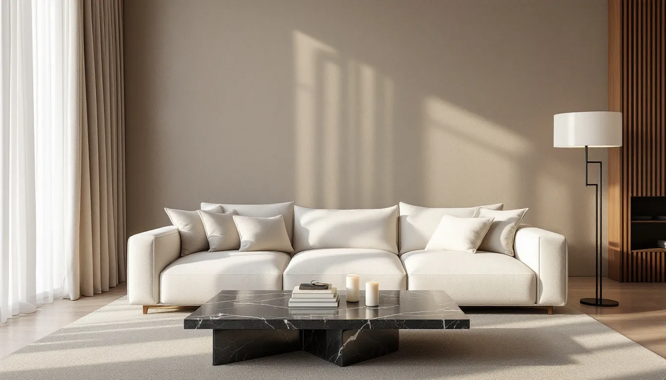 Salón en tonos crema con sofá bouclé y mesa de mármol oscuro